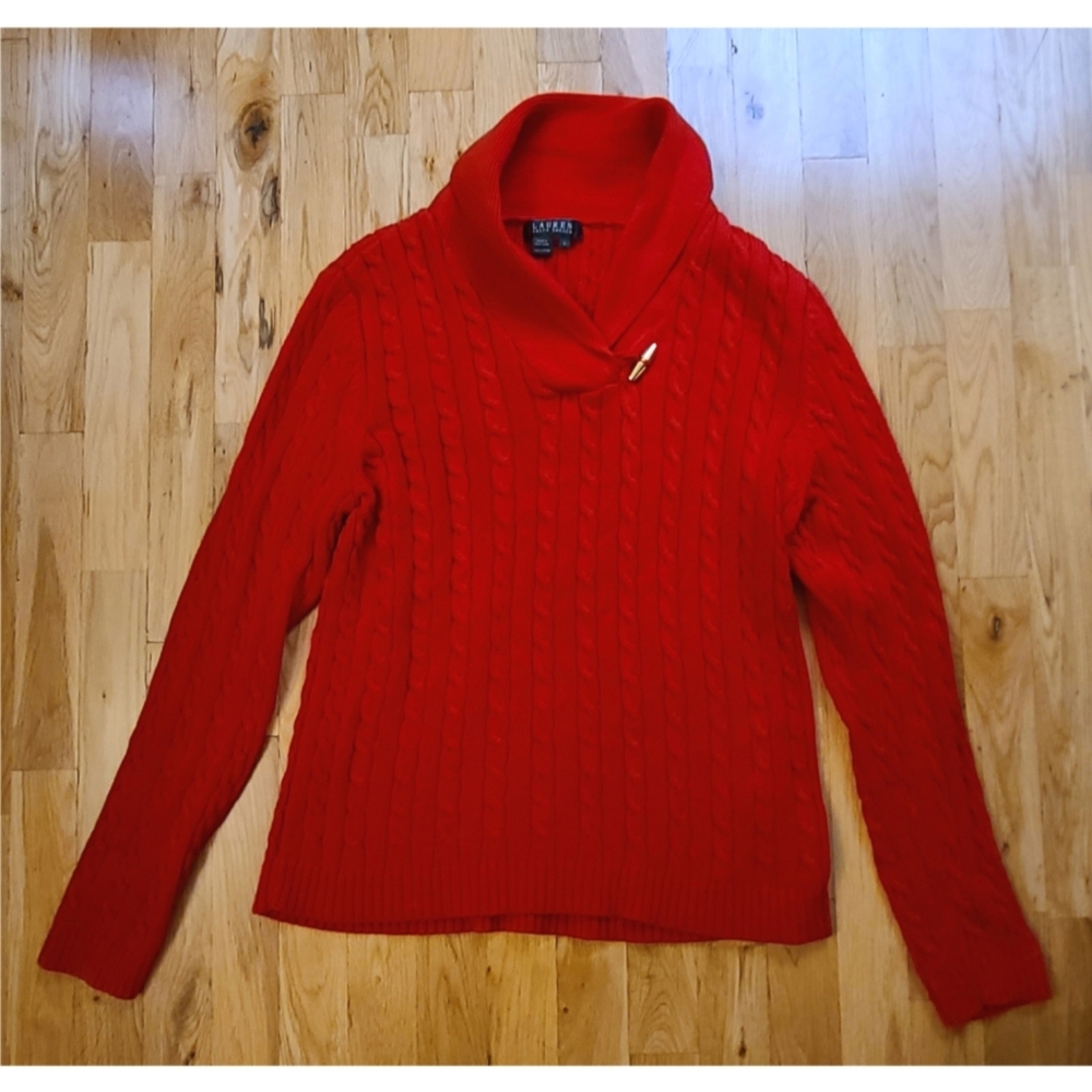 Lauren Ralph Lauren Red Cable-Knit Cowl Turtleneck Sweater